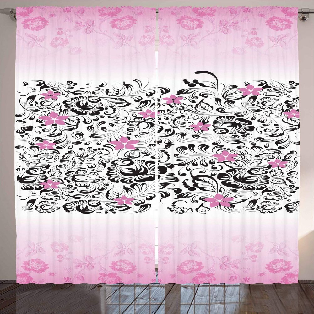 Ambesonne Black and Pink Curtains, Curly Romantic Flowers in Pinkish Colors Pattern, Living Room Bedroom Window Drapes 2 Panel Set, 108" X 90", Pink and Charcoal Grey