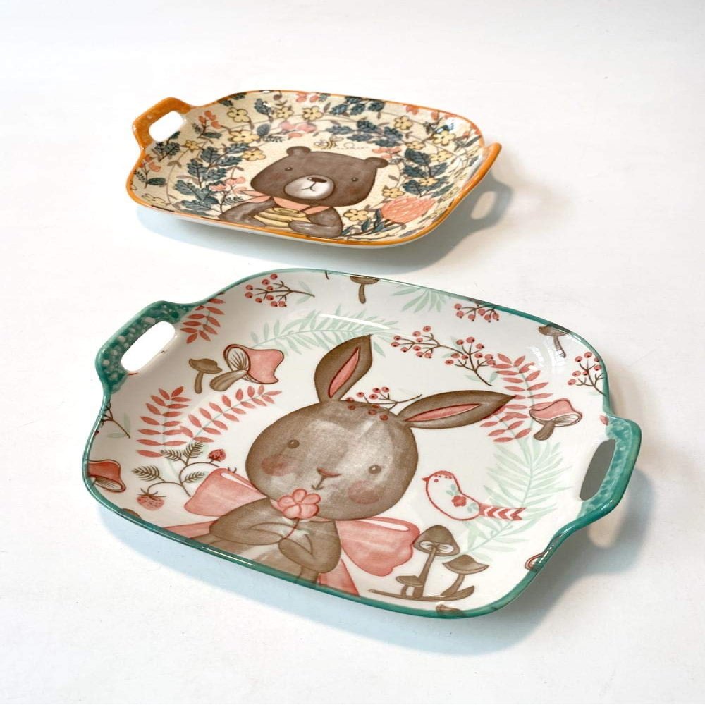 Nordic tableware ceramic flat plate underglaze color double ear square plate household shallow plate long ear free deer bear-C