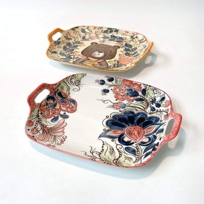Nordic tableware ceramic flat plate underglaze color double ear square plate household shallow plate long ear free deer bear-B
