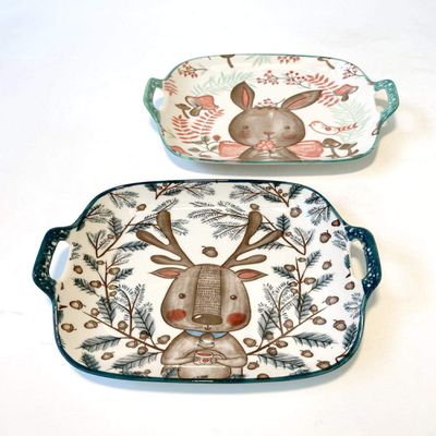 Nordic tableware ceramic flat plate underglaze color double ear square plate household shallow plate long ear free deer bear-F
