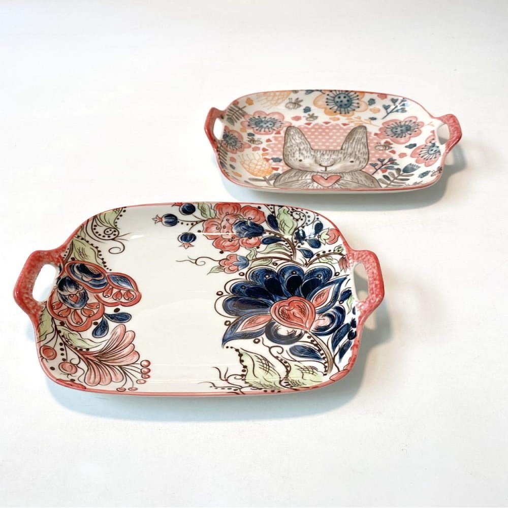 Nordic tableware ceramic flat plate underglaze color double ear square plate household shallow plate long ear free deer bear-D