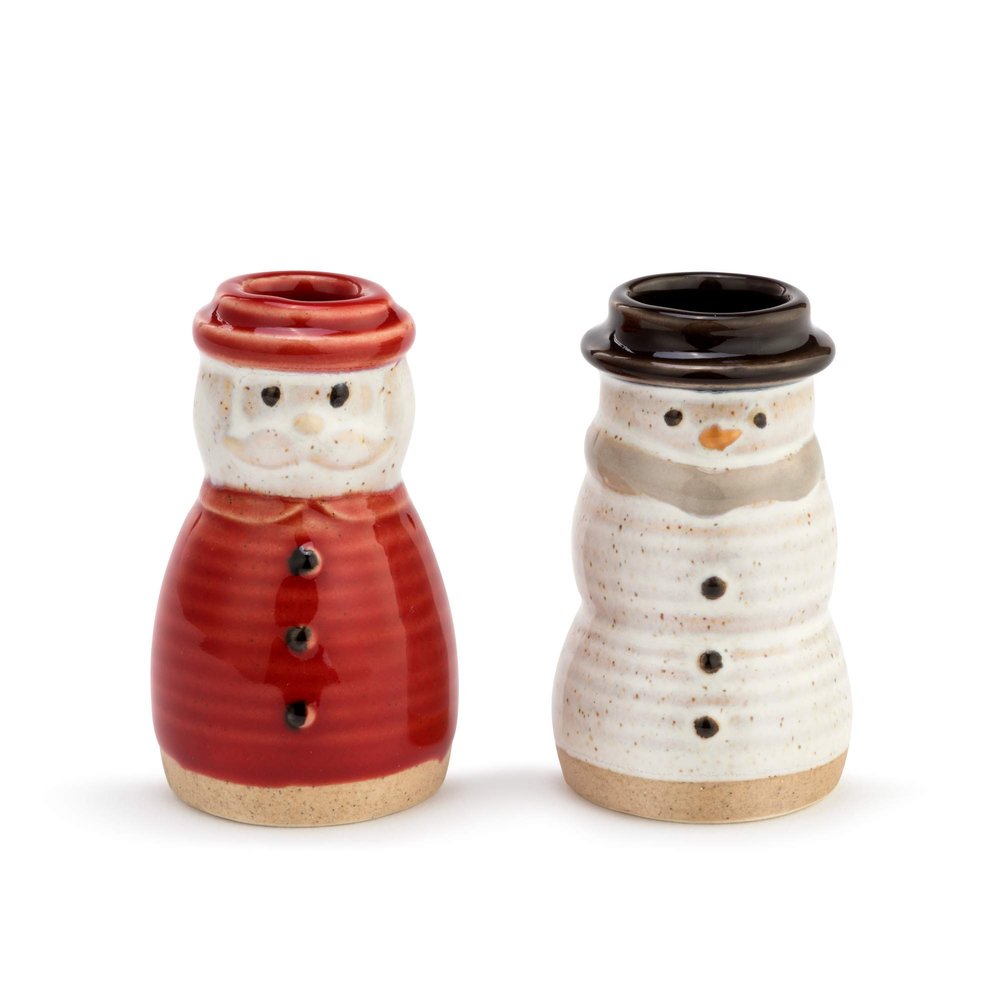 Demdaco Distressed Red Santa White Snowman 2.5 x 1.5 Stoneware Decorative Toothpick Holder Set 2