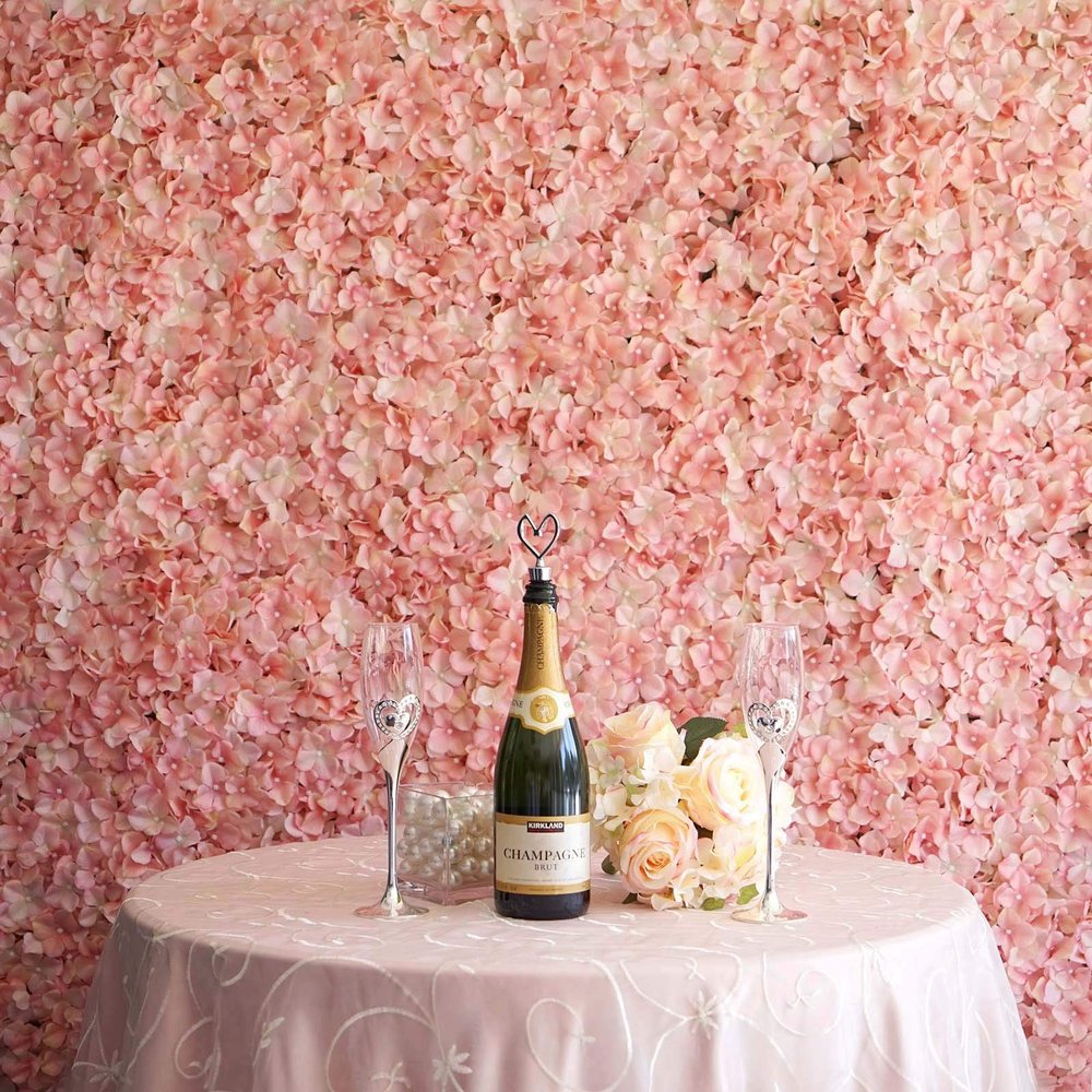Artificial Flower Wall Panels 4 Pack of 11 Sq ft Flower Wall Mat Silk Hydrangea Flower Panels for Backdrop Wedding Wall Decoration - UV Protected (Blush/Rose Gold)