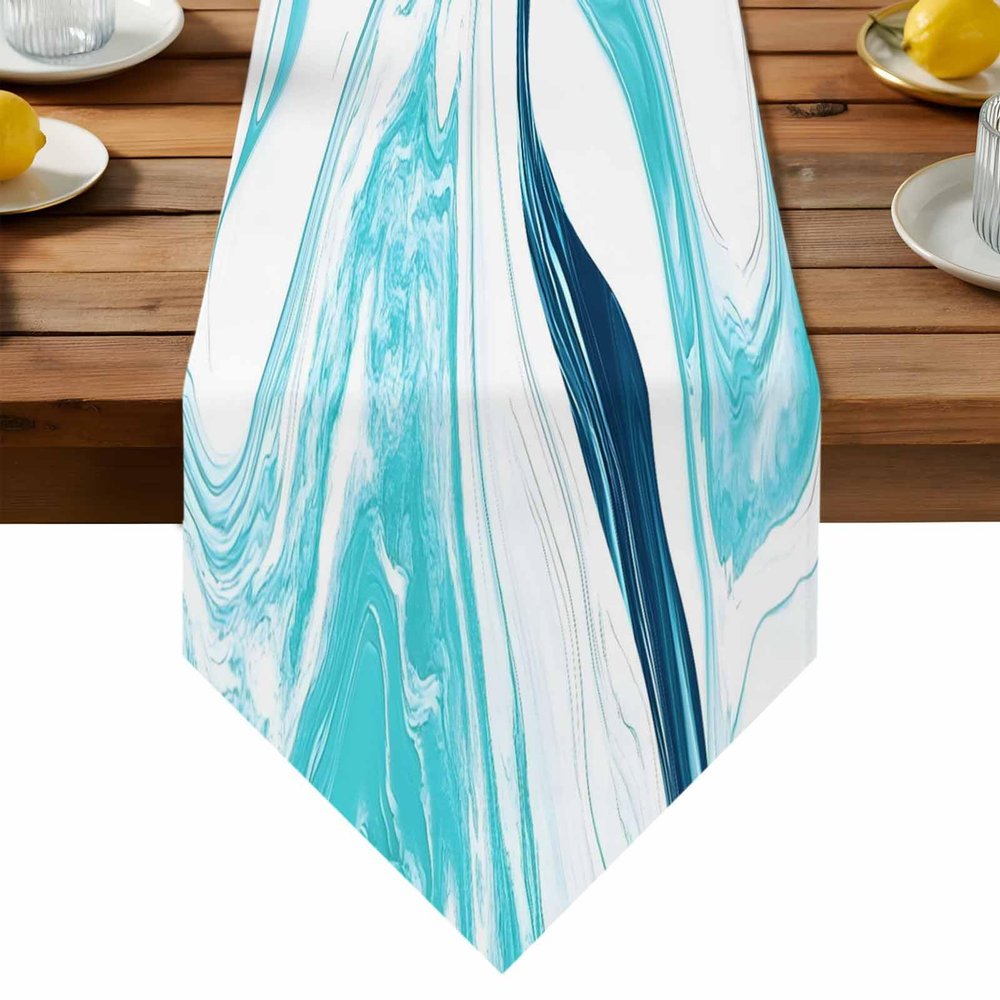 Cotton and Linen Triangle Table Runners 120 Inches Long, Marble Dresser Scarves Table Decoration for Wedding Party/Graduation Ceremony/Banquet (13x120 inch) Abstract Liquid Modern Turquoise Print