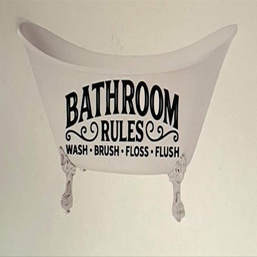 Bathroom Rules Wash-Brush-Floss-Flush Bathtub Shaped 10" x 5" Removable Decal