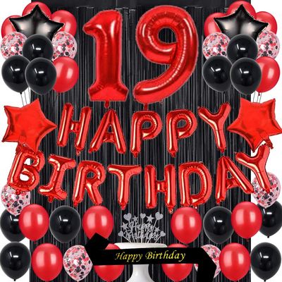 Fancypartyshop 19TH Birthday Party Decorations Supplies Red Black Later Balloons Happy Birthday Cake Topper Sash Foil Black Curtains Foil Star Balloons Number Red 19