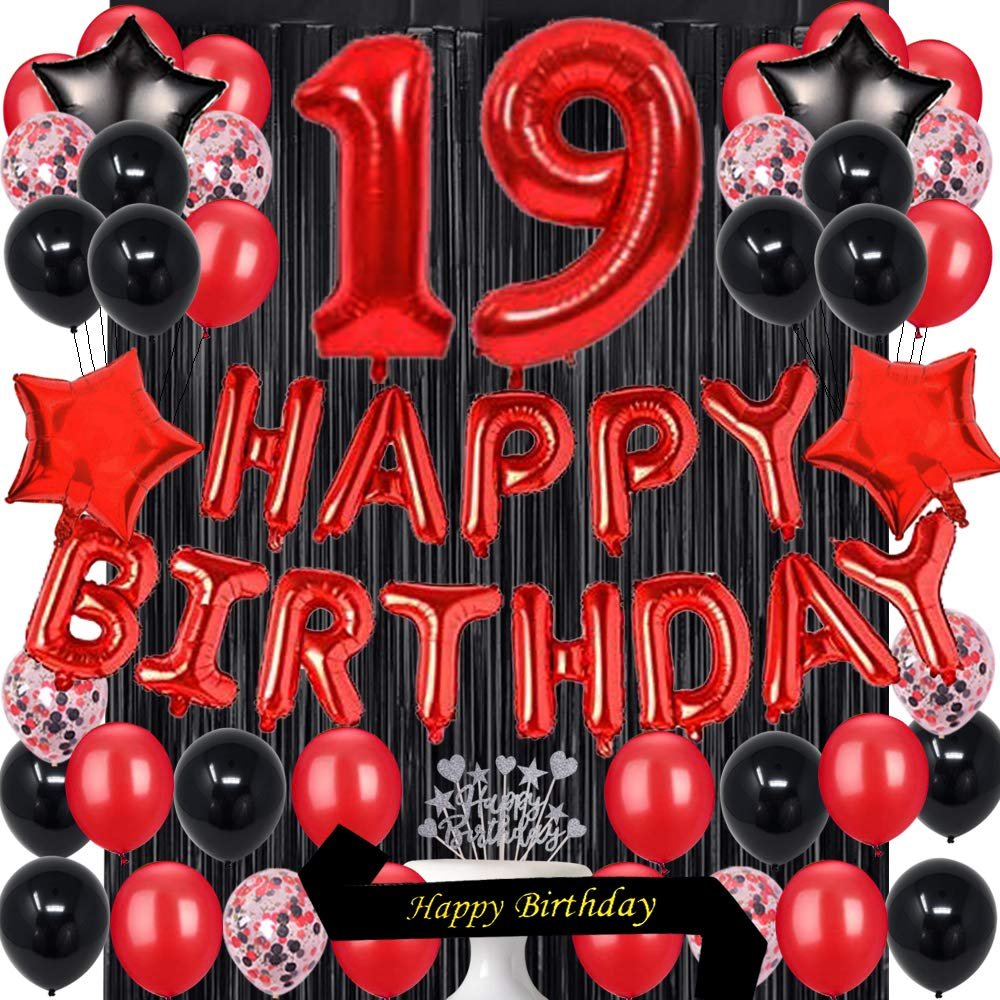 Fancypartyshop 19TH Birthday Party Decorations Supplies Red Black Later Balloons Happy Birthday Cake Topper Sash Foil Black Curtains Foil Star Balloons Number Red 19