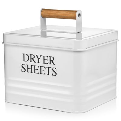 Calindiana Modern Farmhouse Metal Laundry Dryer Sheets Holder Fabric Softener Dispenser with Lid for Laundry Room Decor and Accessories and Space Saving Laundry Organization and Storage, White