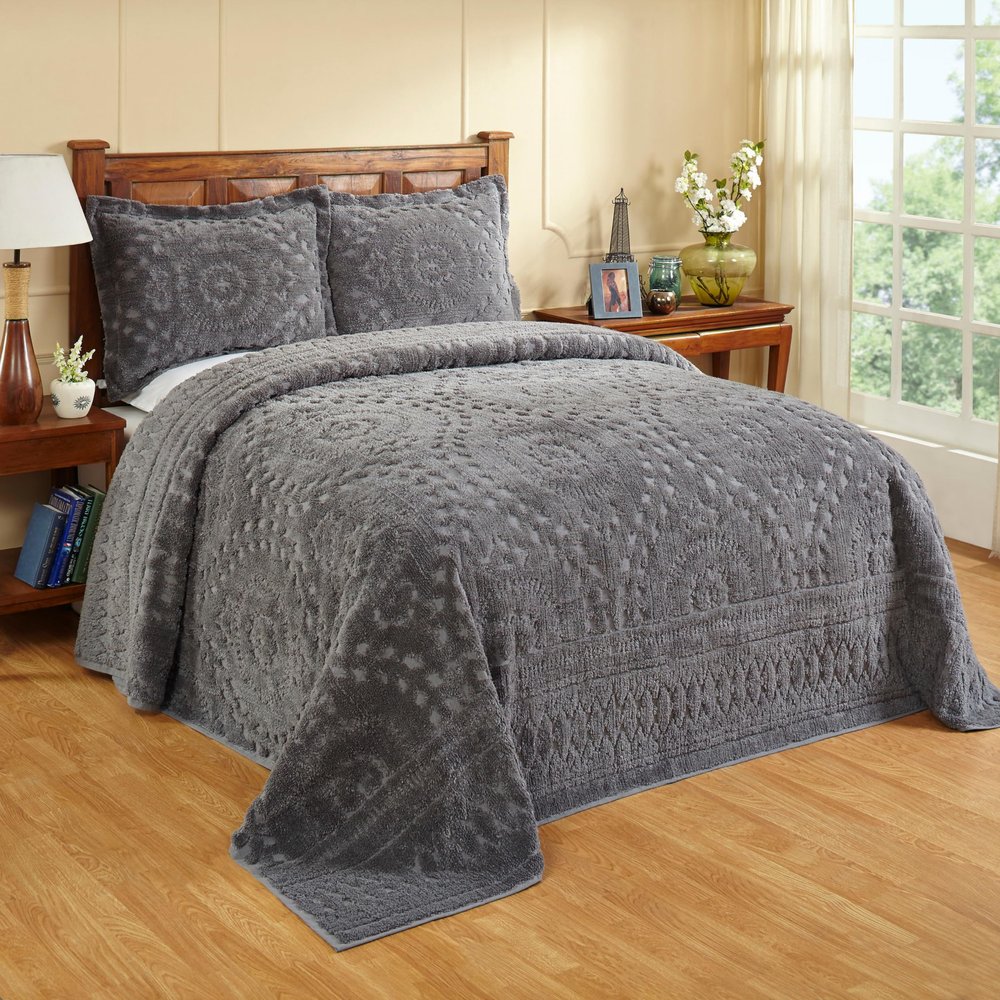 Better Trends Chenille Bedspread Set 3 Pieces Gray 100% Cotton King Size Bedspread Medallion Pattern 2 King Shams Luxurious Feel Perfect for Gifting All Seasons, Machine Washable, Rio Collection