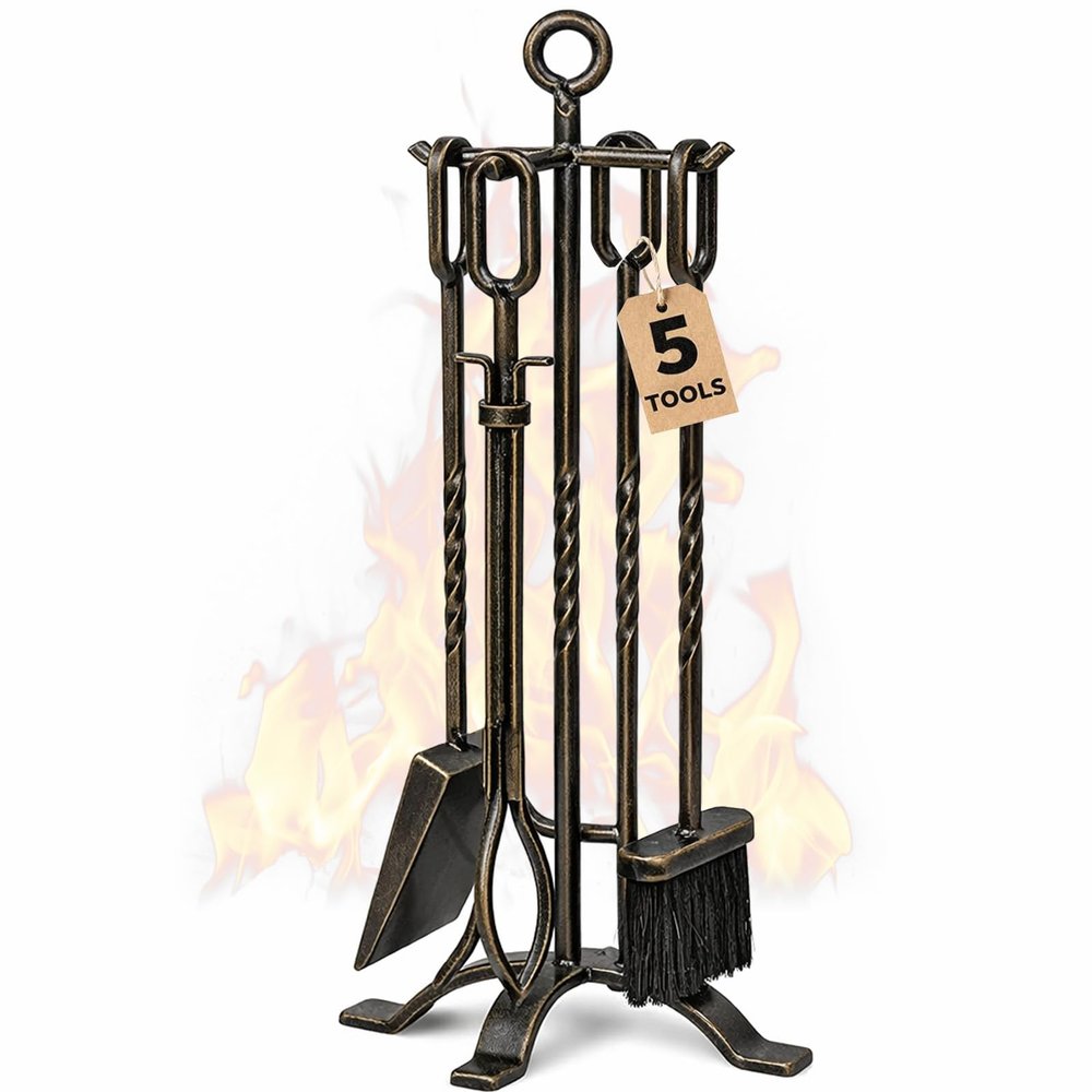 AMAGABELI GARDEN & HOME 5 Pieces Fireplace Tools Sets Wrought Iron Fireplace Set Antique Brass Copper with Poker Tongs Broom Shovel Stand Indoor Fire Place Kit Wood Stove Hearth Accessories Gold