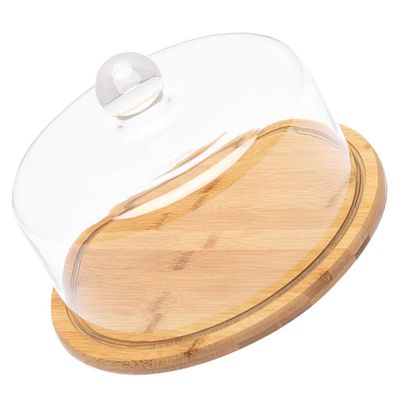 1 Wooden Cupcake Server Set Glass Dome Cover with Bamboo Plate Round Dessert Serving Plate Clear Cake Stand Cake Display Cloche Dome Platter Cover Glass Cake Dome 21cm Dessert Cake Cover