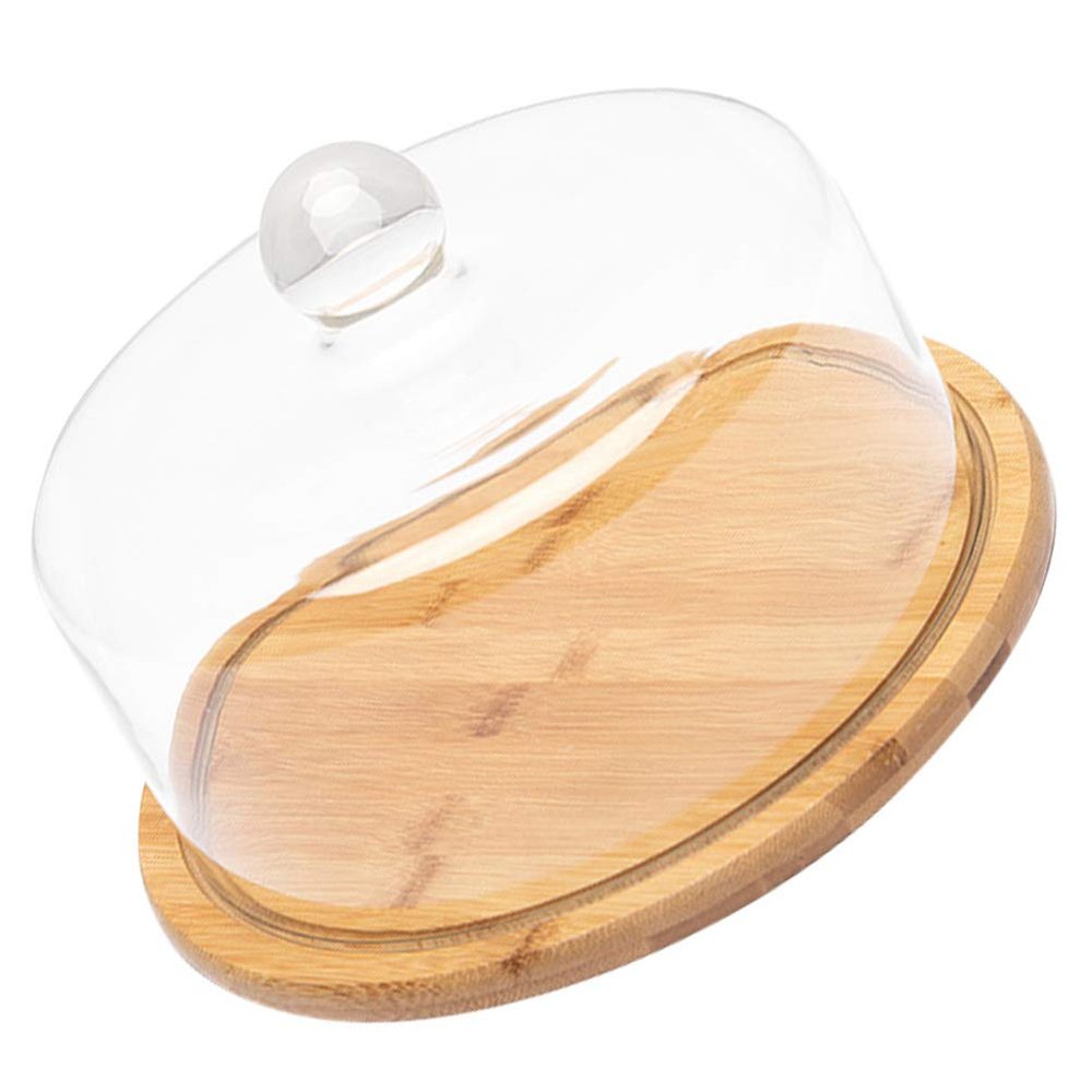 1 Wooden Cupcake Server Set Glass Dome Cover with Bamboo Plate Round Dessert Serving Plate Clear Cake Stand Cake Display Cloche Dome Platter Cover Glass Cake Dome 21cm Dessert Cake Cover