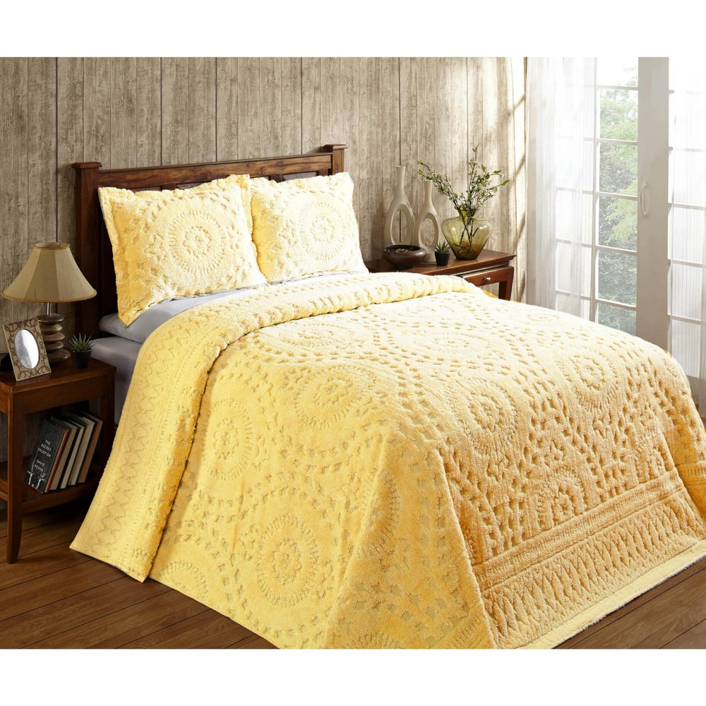 Better Trends Chenille Bedspread Set 3 Pieces Yellow 100% Cotton Queen Size Bedspread Medallion Pattern 2 Standard Shams Luxurious Feel Perfect for Gifting All Seasons Machine Washable Rio Collection