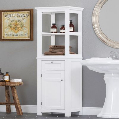 Spirich Bathroom Freestanding Storage Cabinet with Two Tier Open Shelves, Tall Slim Cabinet with Door and Drawer, Floor Linen Tower (White)