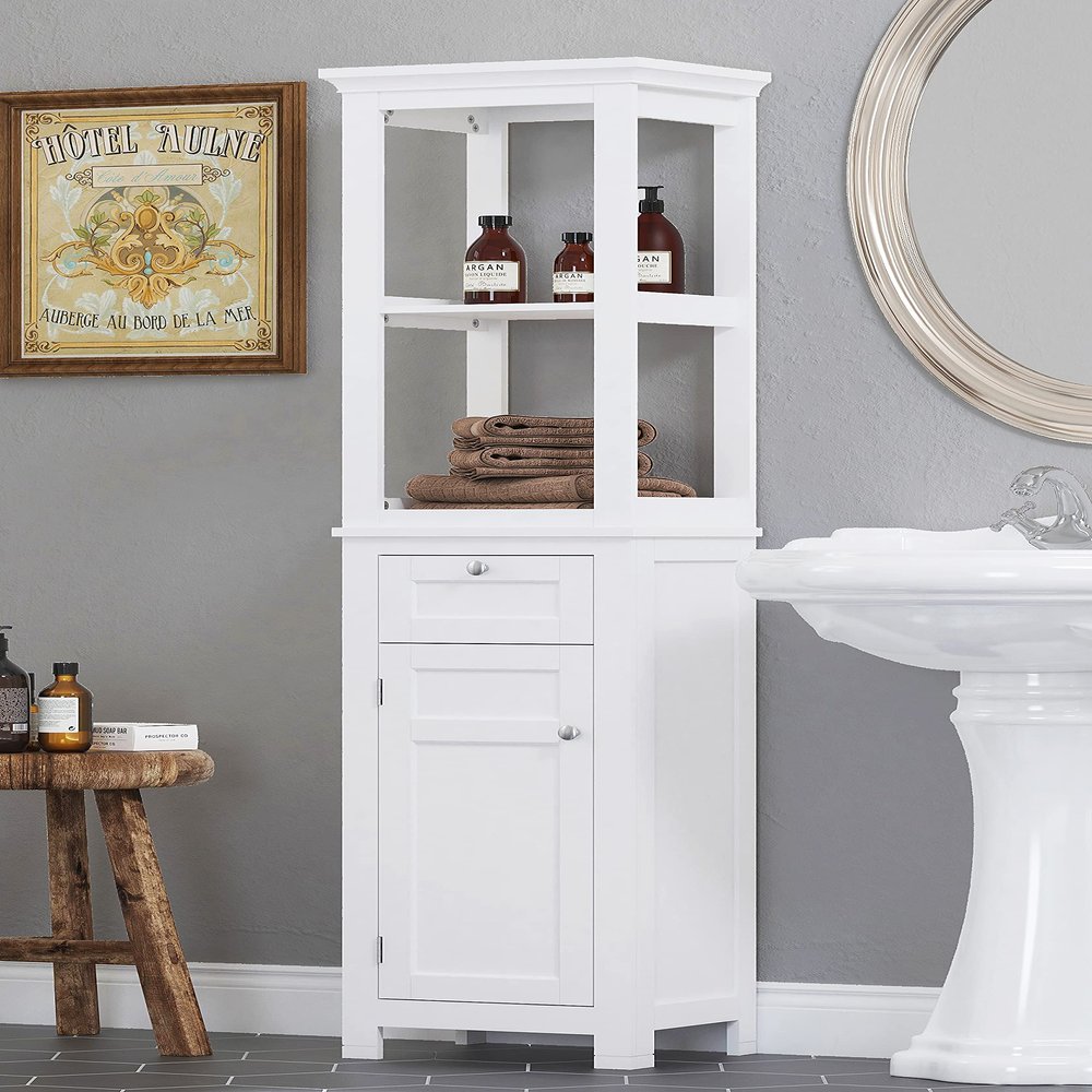 Spirich Bathroom Freestanding Storage Cabinet with Two Tier Open Shelves, Tall Slim Cabinet with Door and Drawer, Floor Linen Tower (White)