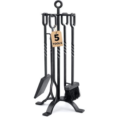 Amagabeli 5 Pieces Fireplace Tools Sets Wrought Iron Indoor Fireplace Set with Poker Tongs Broom Shovel Stand Fire Tools Outdoor Rustic Fire Poker Set Fire Place Hearth Accessories Sets Antique Pewter