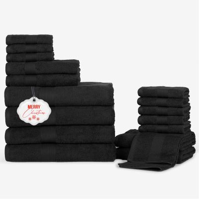 Ample Decor Bathroom Towel Set of 18-4 Hand Towel, 4 Bath Towel, 10 Wash Cloths - Oeko Tex Certified 600 GSM 100% Cotton - High Absorbency Quick Drying, Ideal for Gifting - Black