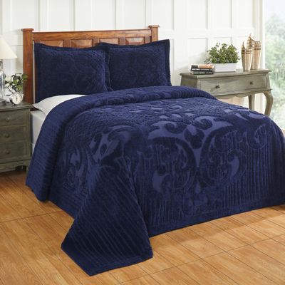 Better Trends Chenille Bedspreads Queen Size, Navy 100% Cotton Chenille Medallion Design Tufted Bedding Coverlet Soft Lightweight, 102"x110" with 2 Sham 3 Pieces Set Ashton Collection