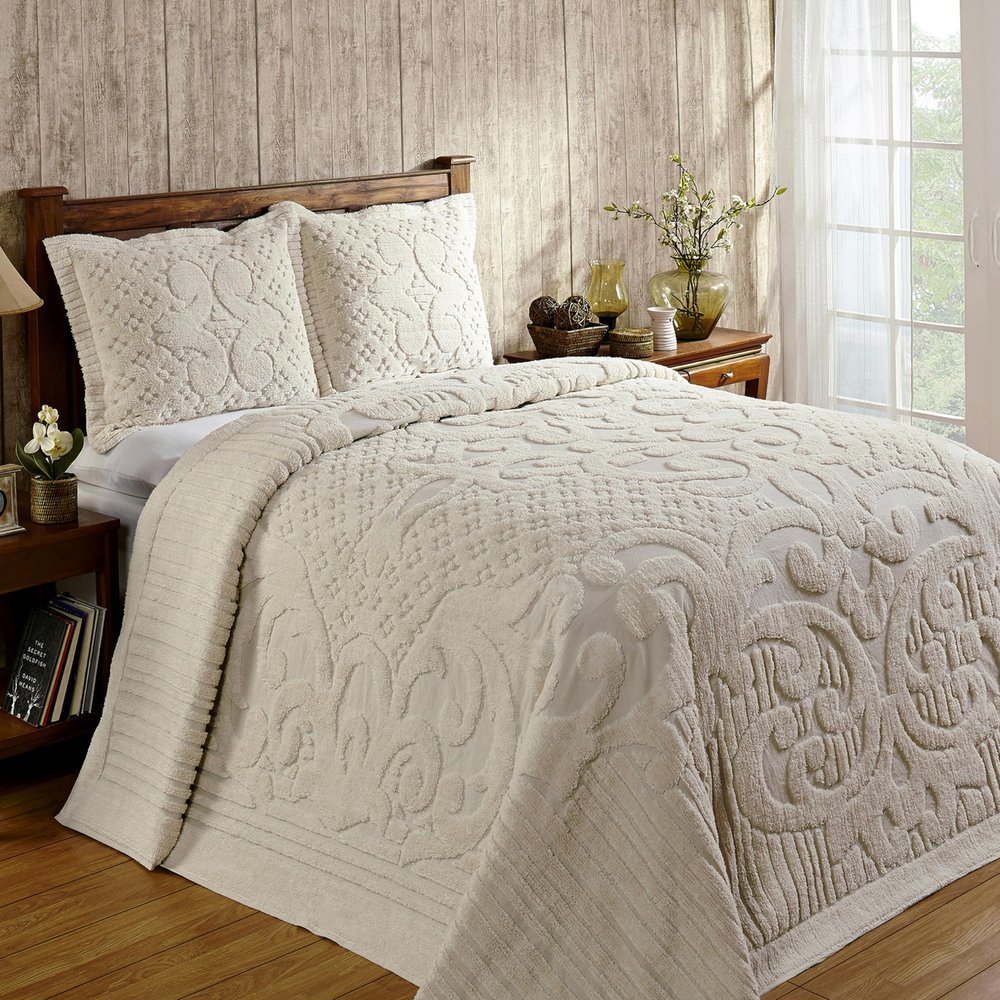 Better Trends Chenille Bedspreads Full/Double Size, Ivory 100% Cotton Chenille Medallion Design Tufted Bedding Coverlet Soft Lightweight, 96"x110" with 2 Sham, 3 Pieces Set Ashton Collection