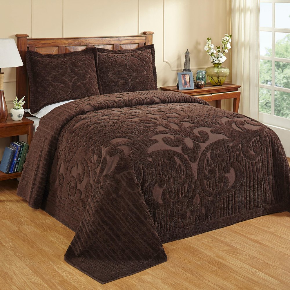 Better Trends Chenille Bedspreads Queen Size, Chocolate 100% Cotton Chenille Medallion Design Tufted Bedding Coverlet Soft Lightweight, 102"x110" with 2 Sham 3 Pieces Set Ashton Collection