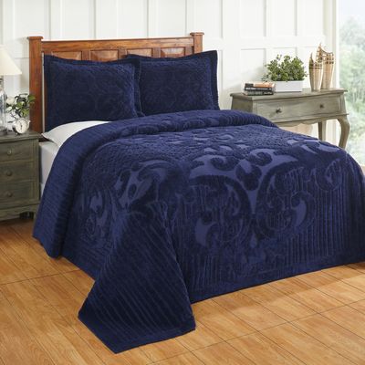 Better Trends Chenille Bedspreads Twin Size, Navy 100% Cotton Chenille Medallion Design Tufted Bedding Coverlet Soft Lightweight, 96"x110" with 1 PC Sham 2 Pieces Set Ashton Collection