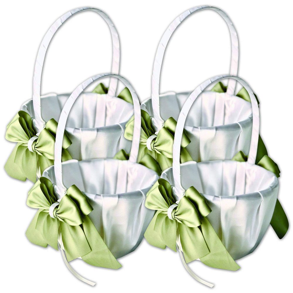 Alex Emotions Ivory Flower Girl Basket and Ring Bearer Pillow Set Wedding Basket and Ring Pillow Set | Handmade Wedding Pillow and Basket, Ivory and Sage Green, 4 Baskets