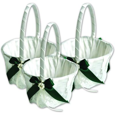Alex Emotions Ivory Flower Girl Basket and Ring Bearer Pillow Set Wedding Basket and Ring Pillow Set | Handmade Wedding Pillow and Basket, Ivory and Hunter Green, 3 Baskets