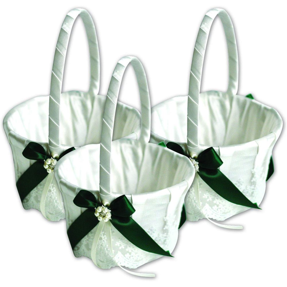 Alex Emotions Ivory Flower Girl Basket and Ring Bearer Pillow Set Wedding Basket and Ring Pillow Set | Handmade Wedding Pillow and Basket, Ivory and Hunter Green, 3 Baskets
