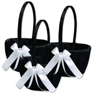 Alex Emotions Ivory Flower Girl Basket and Ring Bearer Pillow Set Wedding Basket and Ring Pillow Set | Handmade Wedding Pillow and Basket, Black and White, 3 Baskets