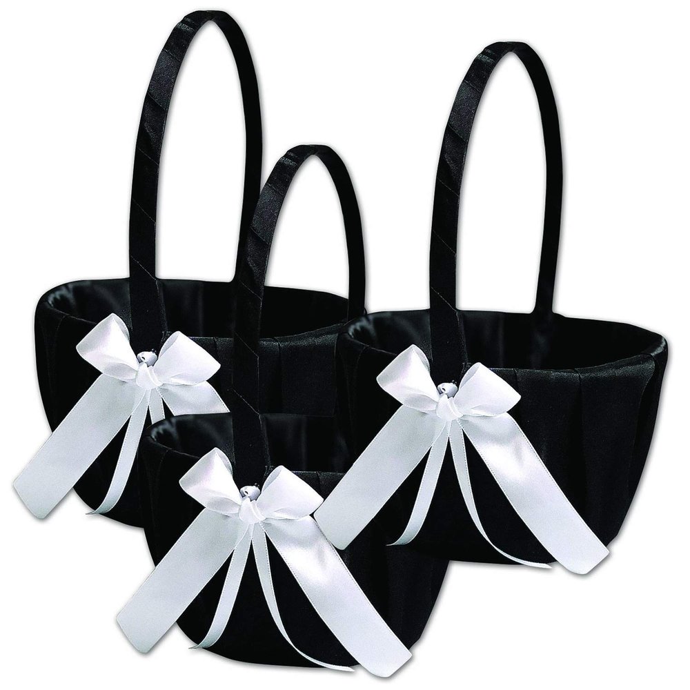 Alex Emotions Ivory Flower Girl Basket and Ring Bearer Pillow Set Wedding Basket and Ring Pillow Set | Handmade Wedding Pillow and Basket, Black and White, 3 Baskets