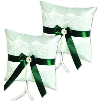 Alex Emotions Ivory Flower Girl Basket and Ring Bearer Pillow Set Wedding Basket and Ring Pillow Set | Handmade Wedding Pillow and Basket, Ivory and Hunter Green, 2 Pillows