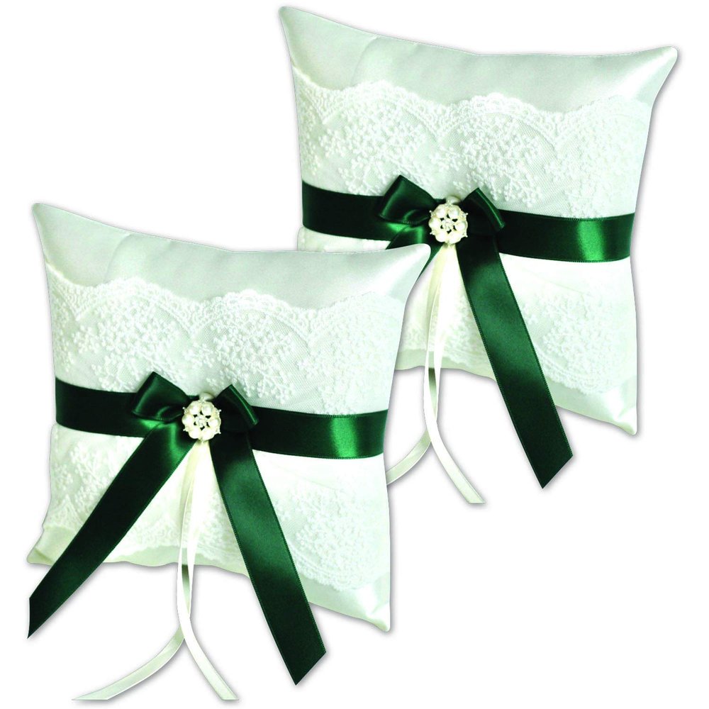 Alex Emotions Ivory Flower Girl Basket and Ring Bearer Pillow Set Wedding Basket and Ring Pillow Set | Handmade Wedding Pillow and Basket, Ivory and Hunter Green, 2 Pillows