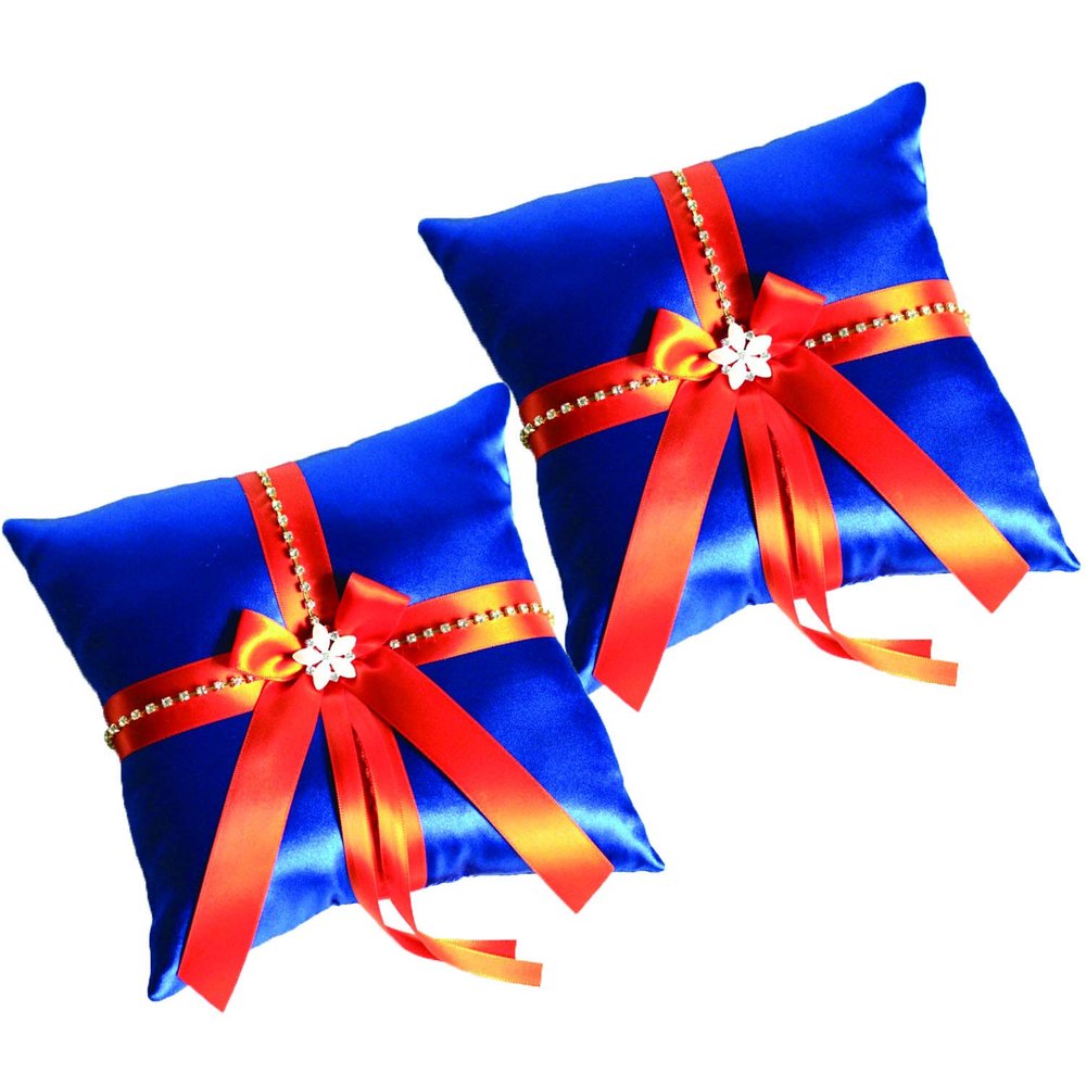 Alex Emotions Ivory Flower Girl Basket and Ring Bearer Pillow Set Wedding Basket and Ring Pillow Set | Handmade Wedding Pillow and Basket, Royal Blue and Orange, 2 Pillows