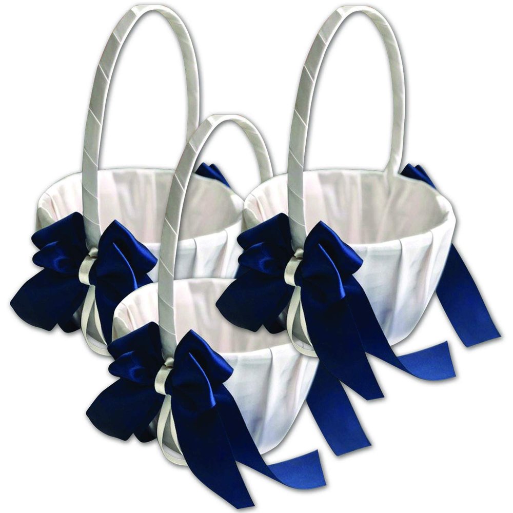 Alex Emotions Ivory Flower Girl Basket and Ring Bearer Pillow Set Wedding Basket and Ring Pillow Set | Handmade Wedding Pillow and Basket, Ivory and Navy Blue, 3 Baskets