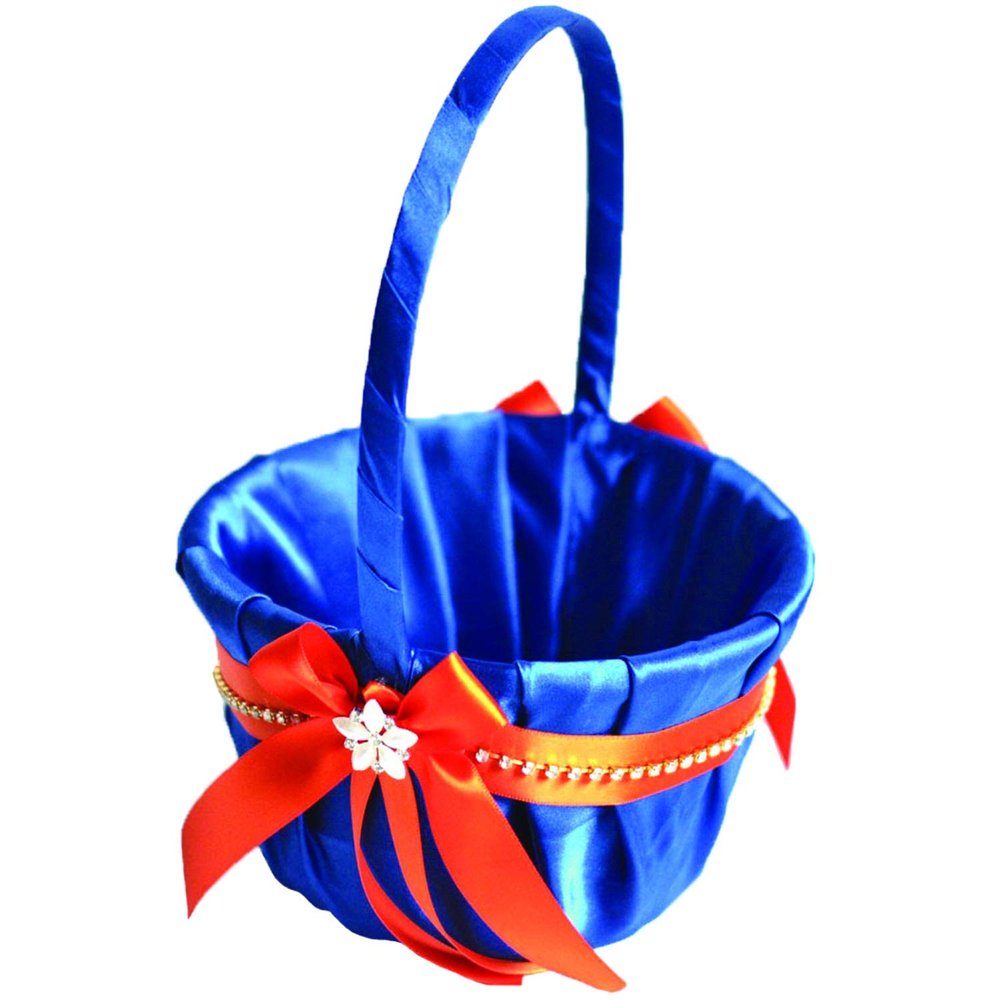 Alex Emotions Ivory Flower Girl Basket and Ring Bearer Pillow Set Wedding Basket and Ring Pillow Set | Handmade Wedding Pillow and Basket, Royal Blue and Orange, 1 Basket