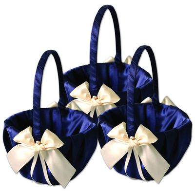 Alex Emotions Ivory Flower Girl Basket and Ring Bearer Pillow Set Wedding Basket and Ring Pillow Set | Handmade Wedding Pillow and Basket, Navy Blue and Ivory, 3 Baskets