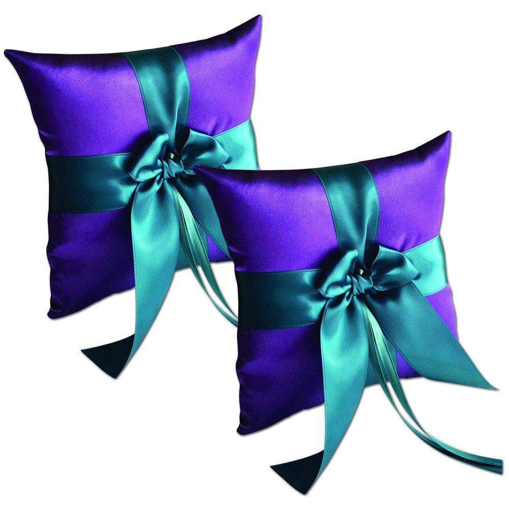 Alex Emotions Ivory Flower Girl Basket and Ring Bearer Pillow Set Wedding Basket and Ring Pillow Set | Handmade Wedding Pillow and Basket, Purple and Teal, 2 Pillows