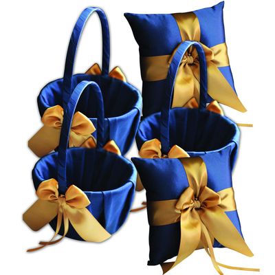 Alex Emotions Ivory Flower Girl Basket and Ring Bearer Pillow Set Wedding Basket and Ring Pillow Set | Handmade Wedding Pillow and Basket, Navy Blue and Gold, 2 Pillows + 3 Baskets