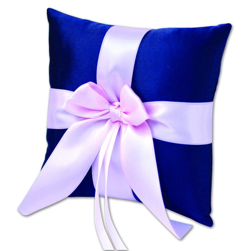 Alex Emotions Ivory Flower Girl Basket and Ring Bearer Pillow Set Wedding Basket and Ring Pillow Set | Handmade Wedding Pillow and Basket, Navy Blue and Blush Pink, 1 Pillow