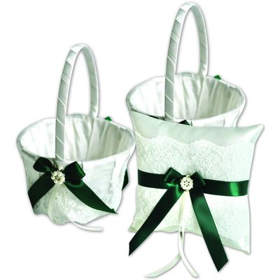 Alex Emotions Ivory Flower Girl Basket and Ring Bearer Pillow Set Wedding Basket and Ring Pillow Set | Handmade Wedding Pillow and Basket, Ivory and Hunter Green, 1 Pillow + 2 Baskets