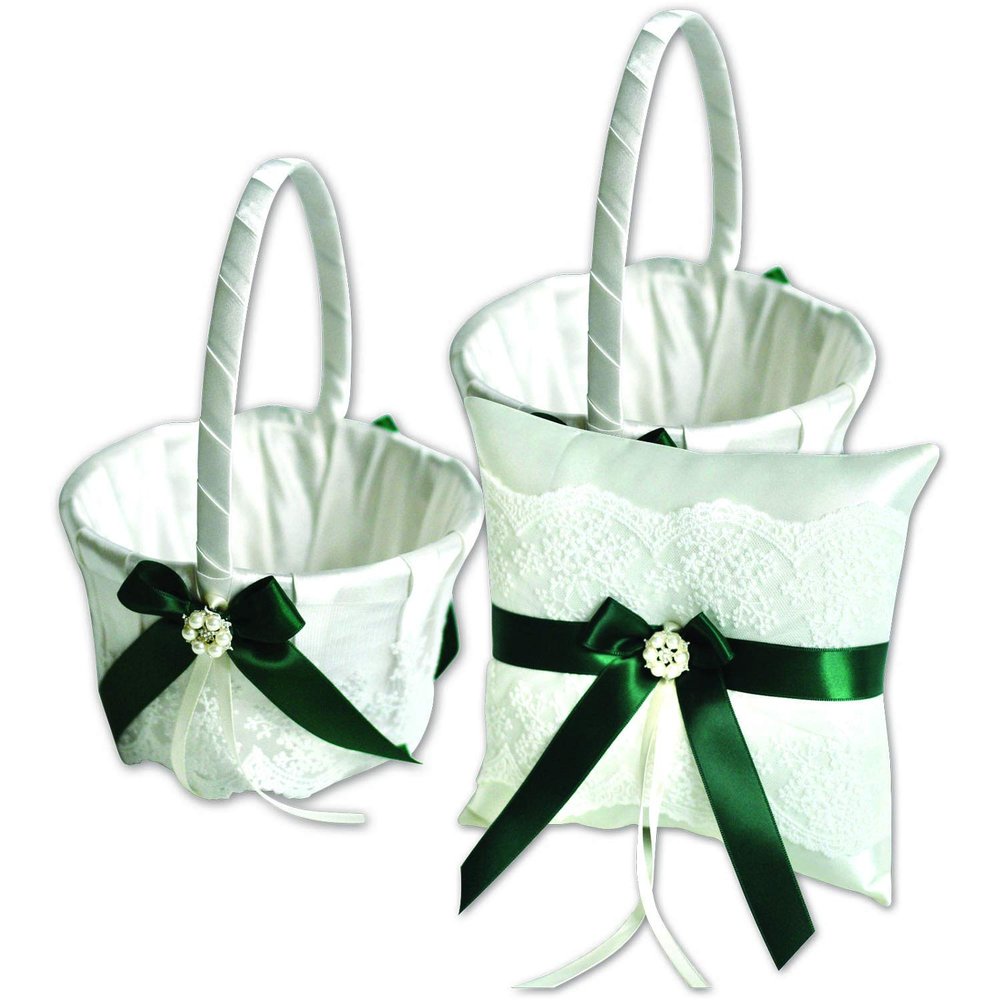 Alex Emotions Ivory Flower Girl Basket and Ring Bearer Pillow Set Wedding Basket and Ring Pillow Set | Handmade Wedding Pillow and Basket, Ivory and Hunter Green, 1 Pillow + 2 Baskets