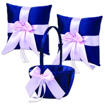 Alex Emotions Ivory Flower Girl Basket and Ring Bearer Pillow Set Wedding Basket and Ring Pillow Set | Handmade Wedding Pillow and Basket, Navy Blue and Blush Pink, 2 Pillows + 1 Basket
