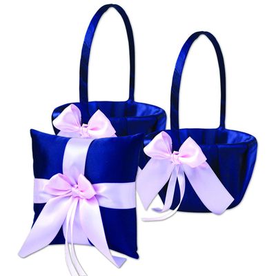 Alex Emotions Ivory Flower Girl Basket and Ring Bearer Pillow Set Wedding Basket and Ring Pillow Set | Handmade Wedding Pillow and Basket, Navy Blue and Blush Pink, 1 Pillow + 2 Baskets