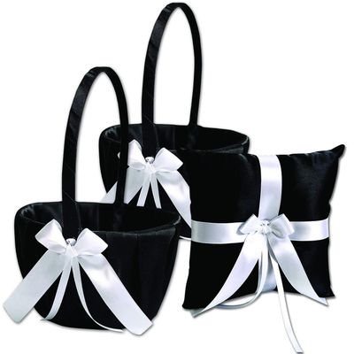 Alex Emotions Ivory Flower Girl Basket and Ring Bearer Pillow Set Wedding Basket and Ring Pillow Set | Handmade Wedding Pillow and Basket, Black and White, 1 Pillow + 2 Baskets