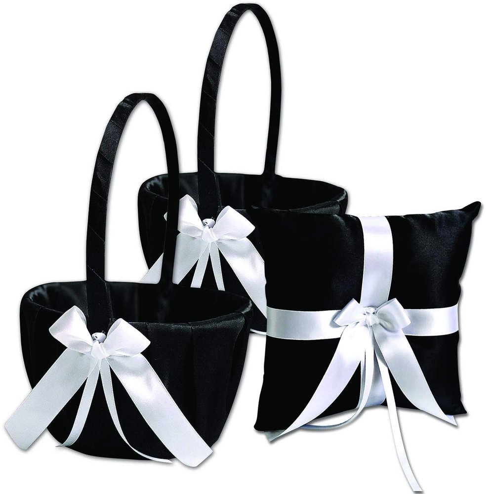 Alex Emotions Ivory Flower Girl Basket and Ring Bearer Pillow Set Wedding Basket and Ring Pillow Set | Handmade Wedding Pillow and Basket, Black and White, 1 Pillow + 2 Baskets