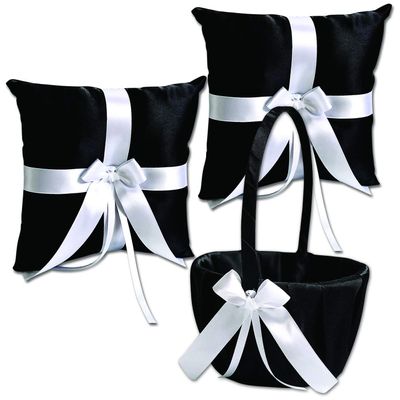 Alex Emotions Ivory Flower Girl Basket and Ring Bearer Pillow Set Wedding Basket and Ring Pillow Set | Handmade Wedding Pillow and Basket, Black and White, 2 Pillows + 1 Basket