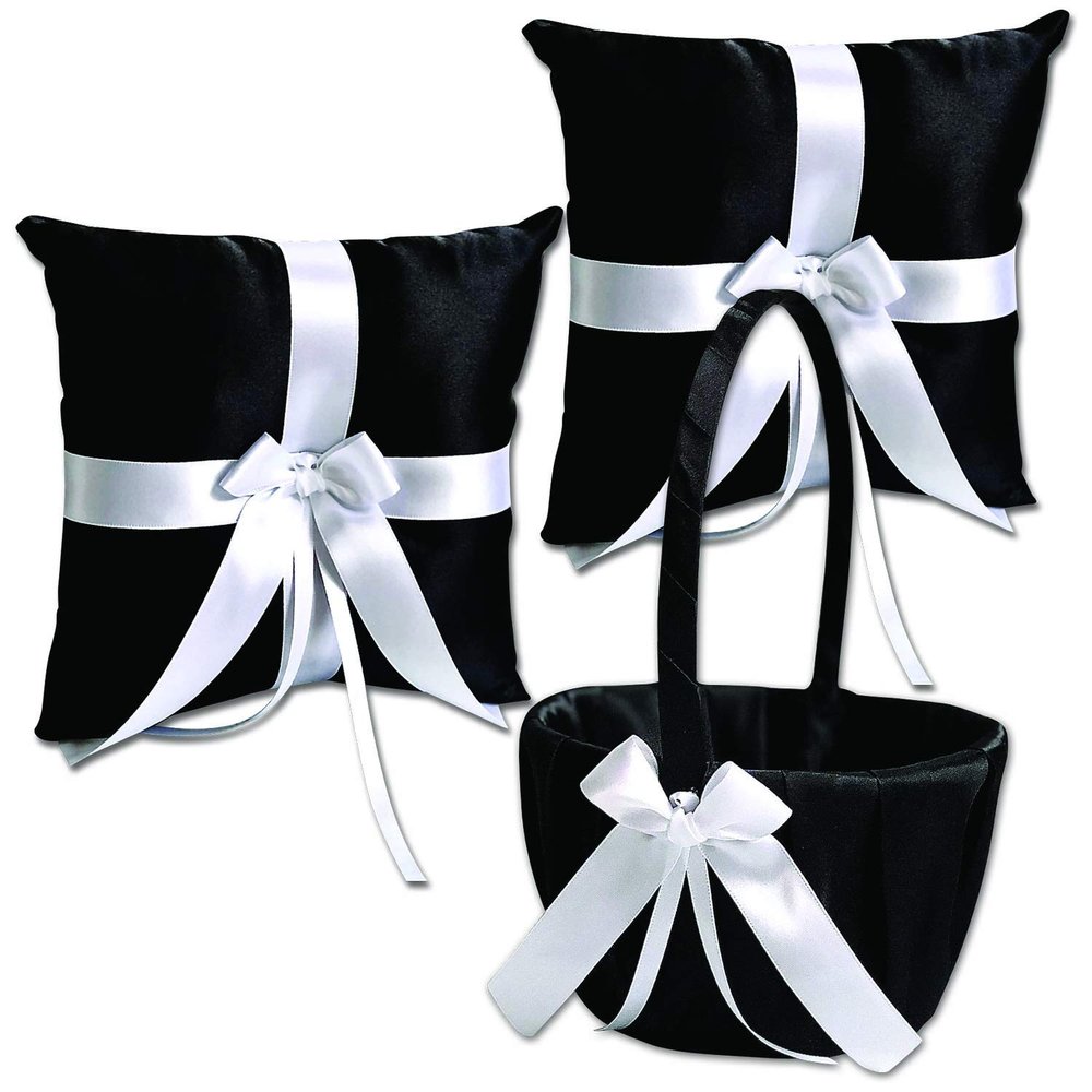 Alex Emotions Ivory Flower Girl Basket and Ring Bearer Pillow Set Wedding Basket and Ring Pillow Set | Handmade Wedding Pillow and Basket, Black and White, 2 Pillows + 1 Basket