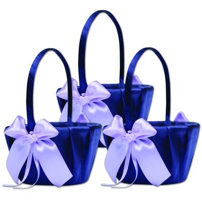 Alex Emotions Ivory Flower Girl Basket and Ring Bearer Pillow Set Wedding Basket and Ring Pillow Set | Handmade Wedding Pillow and Basket, Navy Blue and Violet, 3 Baskets