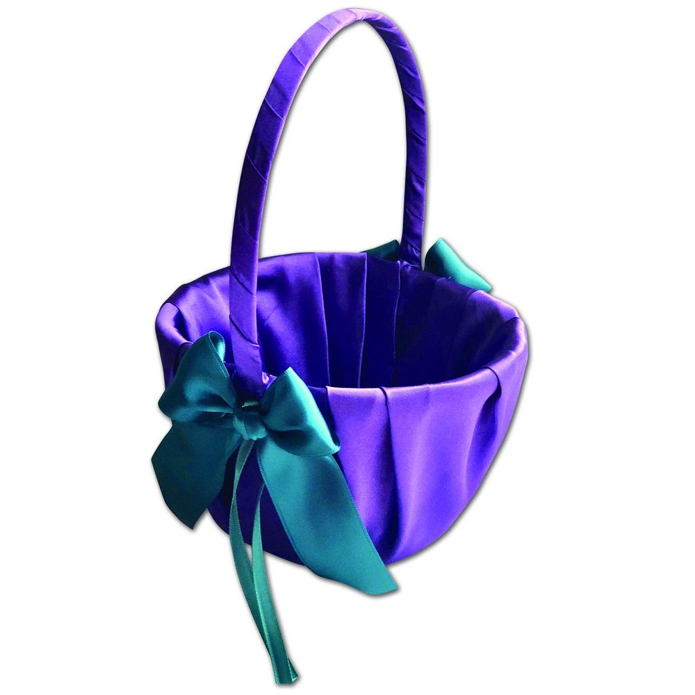 Alex Emotions Ivory Flower Girl Basket and Ring Bearer Pillow Set Wedding Basket and Ring Pillow Set | Handmade Wedding Pillow and Basket, Purple and Teal, 1 Basket