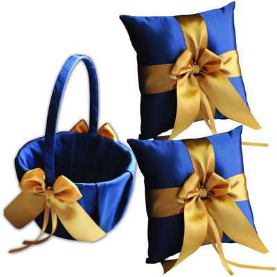 Alex Emotions Ivory Flower Girl Basket and Ring Bearer Pillow Set Wedding Basket and Ring Pillow Set | Handmade Wedding Pillow and Basket, Navy Blue and Gold, 2 Pillows + 1 Basket